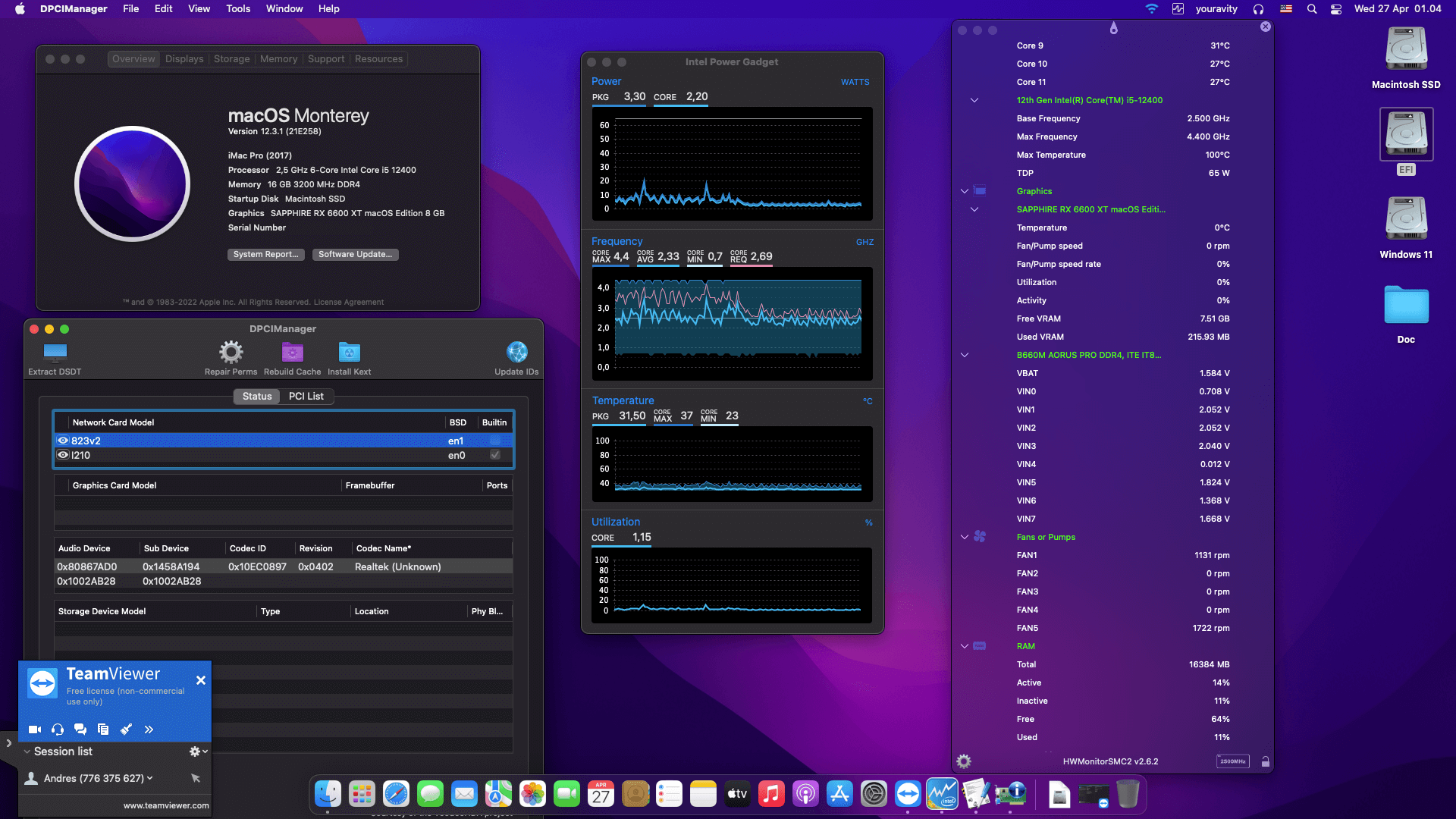 Success Hackintosh macOS Monterey 12.3.1 Build 21E258 in Gigabyte B660M Aorus Pro DDR4 + Intel Core i5 12400 + Sapphire Nitro RX 6600 XT